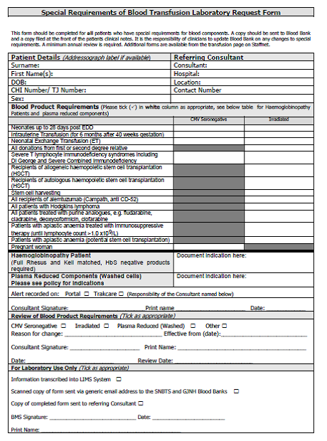 Special requirements of Blood Transfusion Laboratory Request Form
